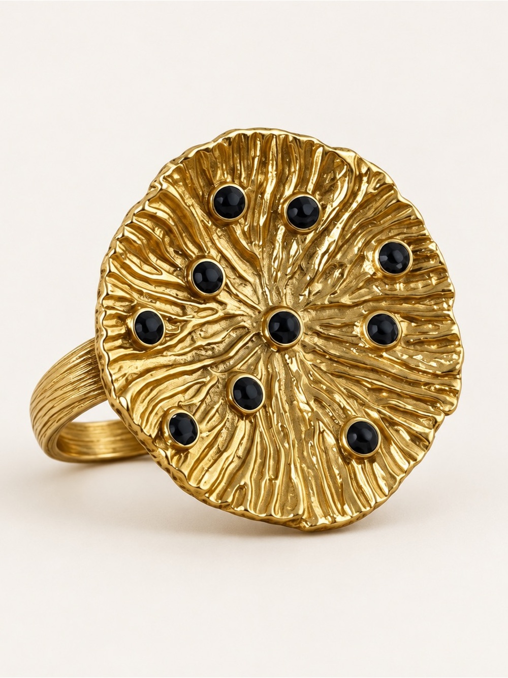 ZARA Gold Tone Textured Statement Ring with Black Stone Accents size 6